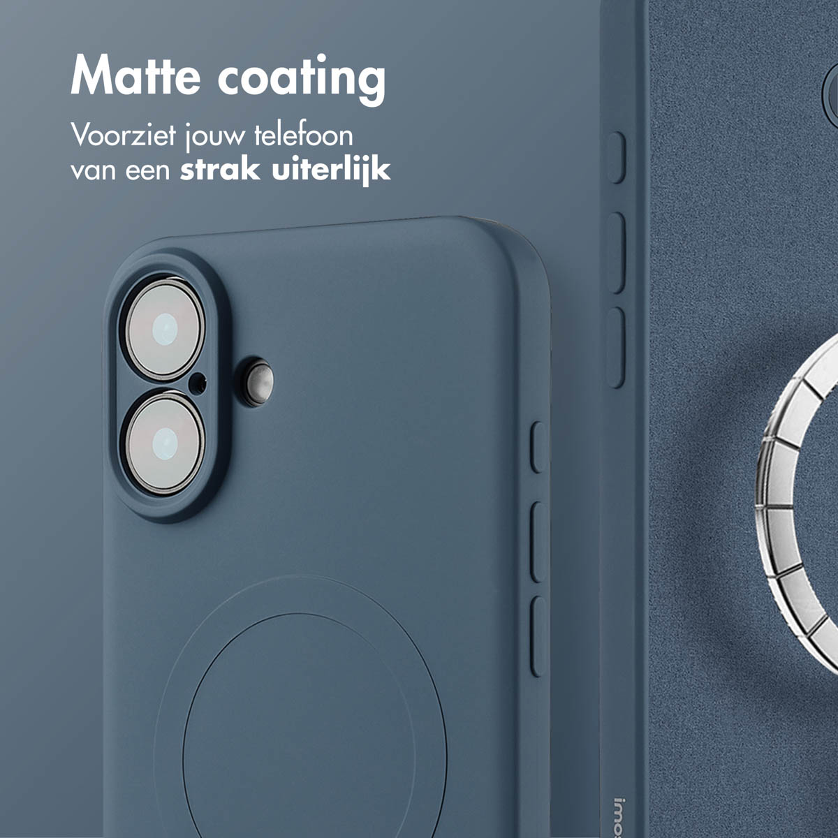 Twee blauwe telefoonhoesjes met matte afwerking. Tekst: 'Matte coating'.