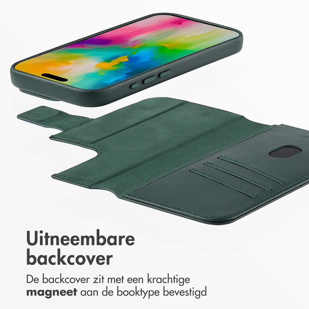 Groene telefoonhoes met telefoon. Afneembare achterkant. Groen leer. Witte achtergrond.