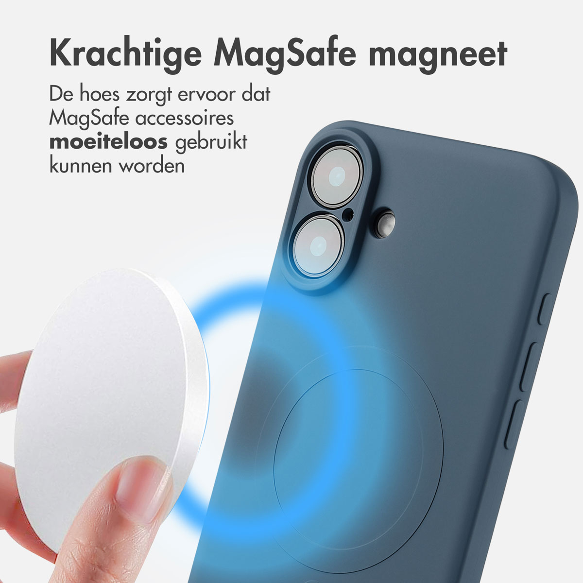 Blauwe telefoonhoes met een witte oplaadschijf. Tekst beschrijft MagSafe-magneten en hoe ze werken met de hoes.