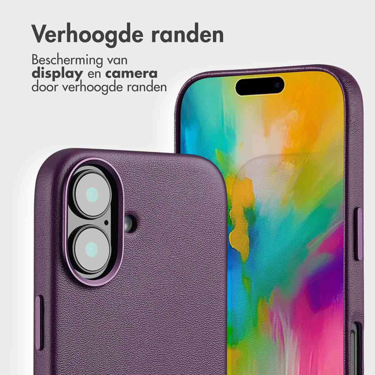 Paarse telefoonhoes met scherm. Tekst: 'Verhoogde randen'.