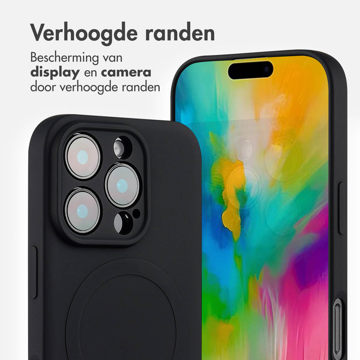 Zwarte telefoonhoes met camera-uitsparingen. Scherm toont kleurrijke achtergrond. Tekst over verhoogde randen.