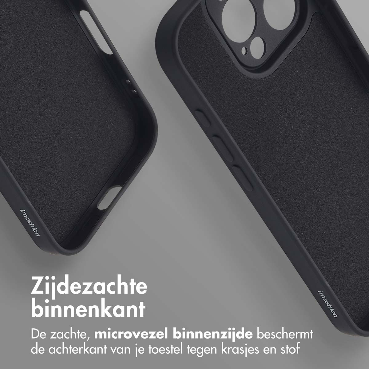 Zwarte telefoonhoesjes, één open. Tekst luidt 'Zachte binnenvoering', 'Zachte microvezel binnenin'. Grijze achtergrond.