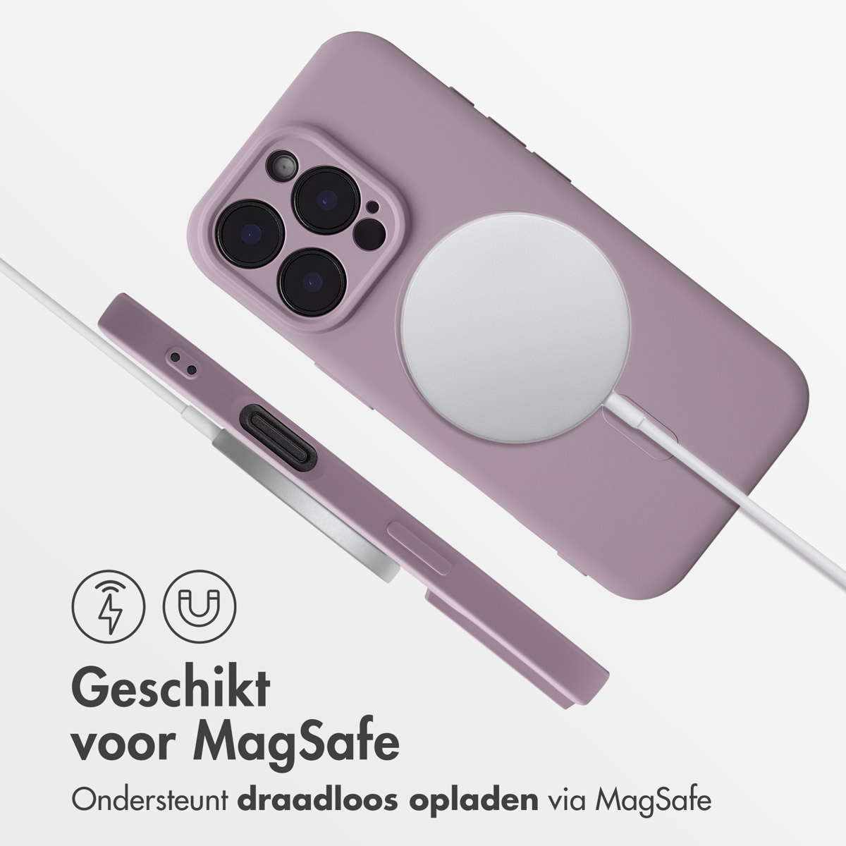 Paarse telefoonhoes met een witte MagSafe-oplader bevestigd en tekst: 'Geschikt voor MagSafe'.