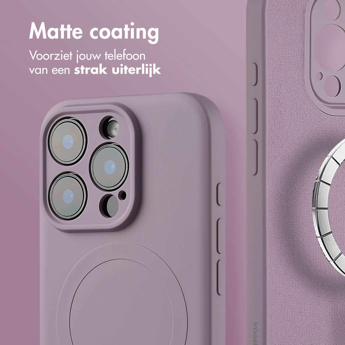 Paarse telefoonhoes met camera-uitsparingen en magnetische ring. Tekst: Matte coating.