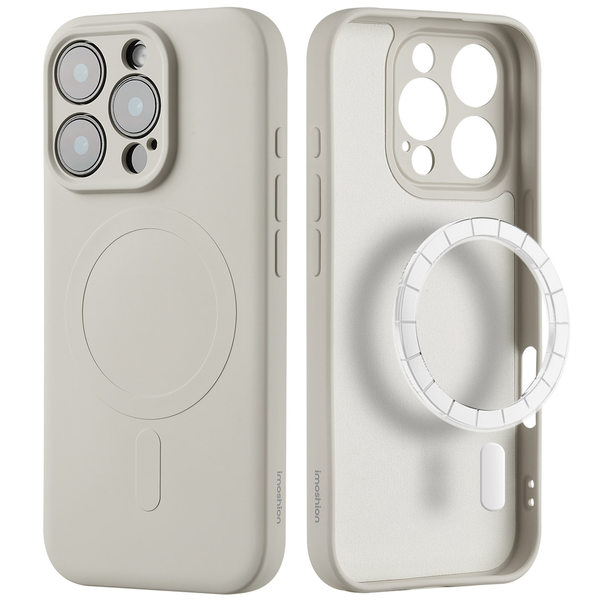 Twee telefoonhoesjes, één met een telefoon erin. Beige hoesjes met camera gaten.