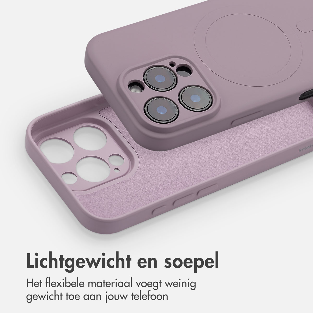 Twee lavendelkleurige telefoonhoesjes, de een boven de ander. Tekst: lichtgewicht en glad.