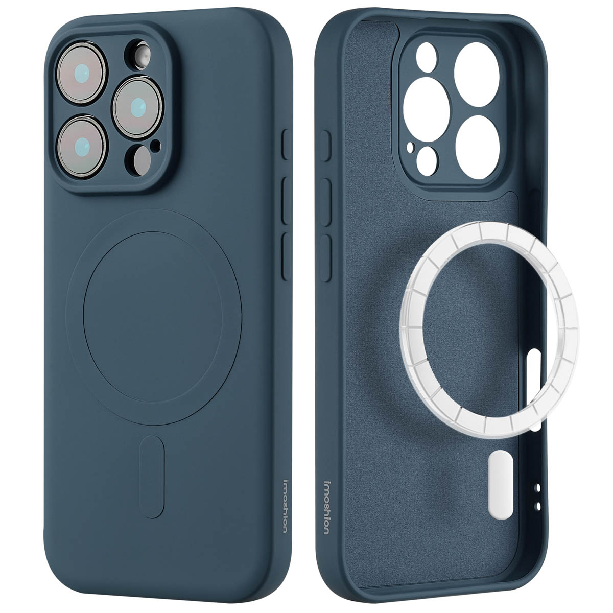 Telefoonhoesje in twee delen in blauw. Linkerkant toont de achterkant, rechterkant de binnenkant en de MagSafe ring.