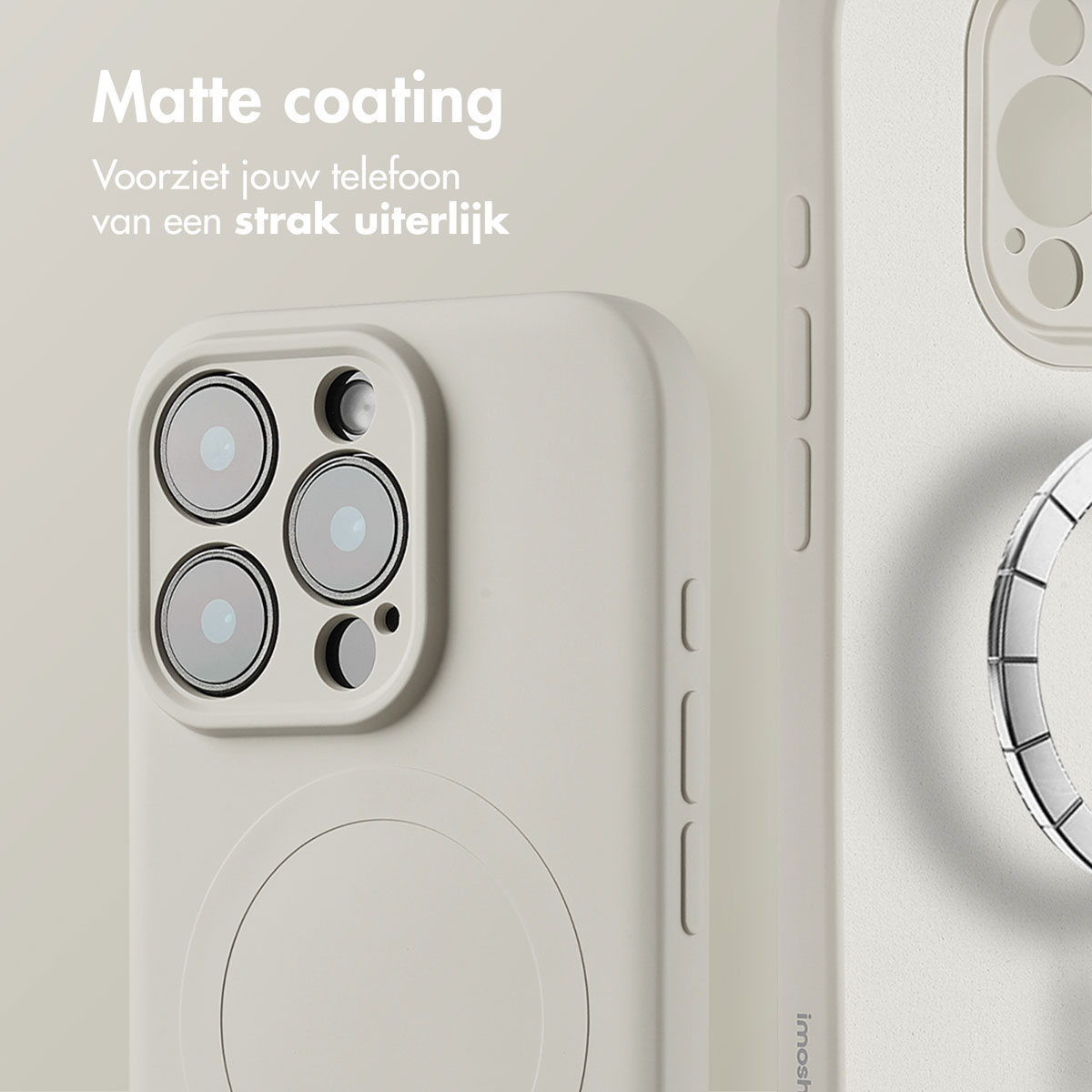 Close-up van een telefoonhoesje. Tekst: Matte coating. Geeft je telefoon een strakke uitstraling.