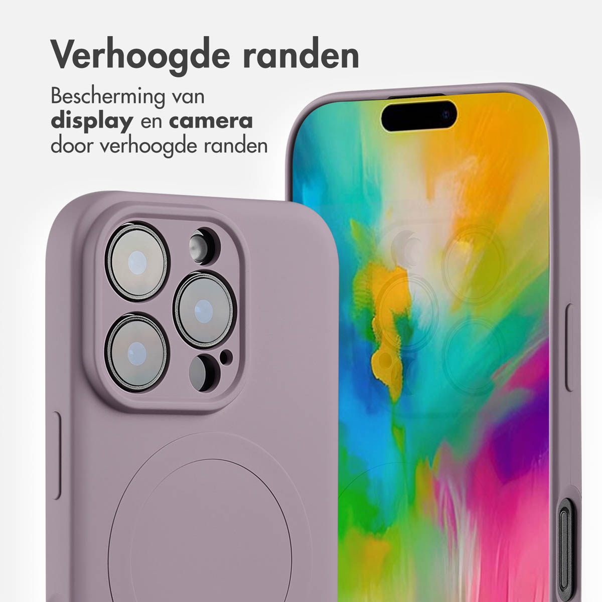 Een paarse telefoonhoes met opstaande randen die het display en de camera beschermen, close-up.