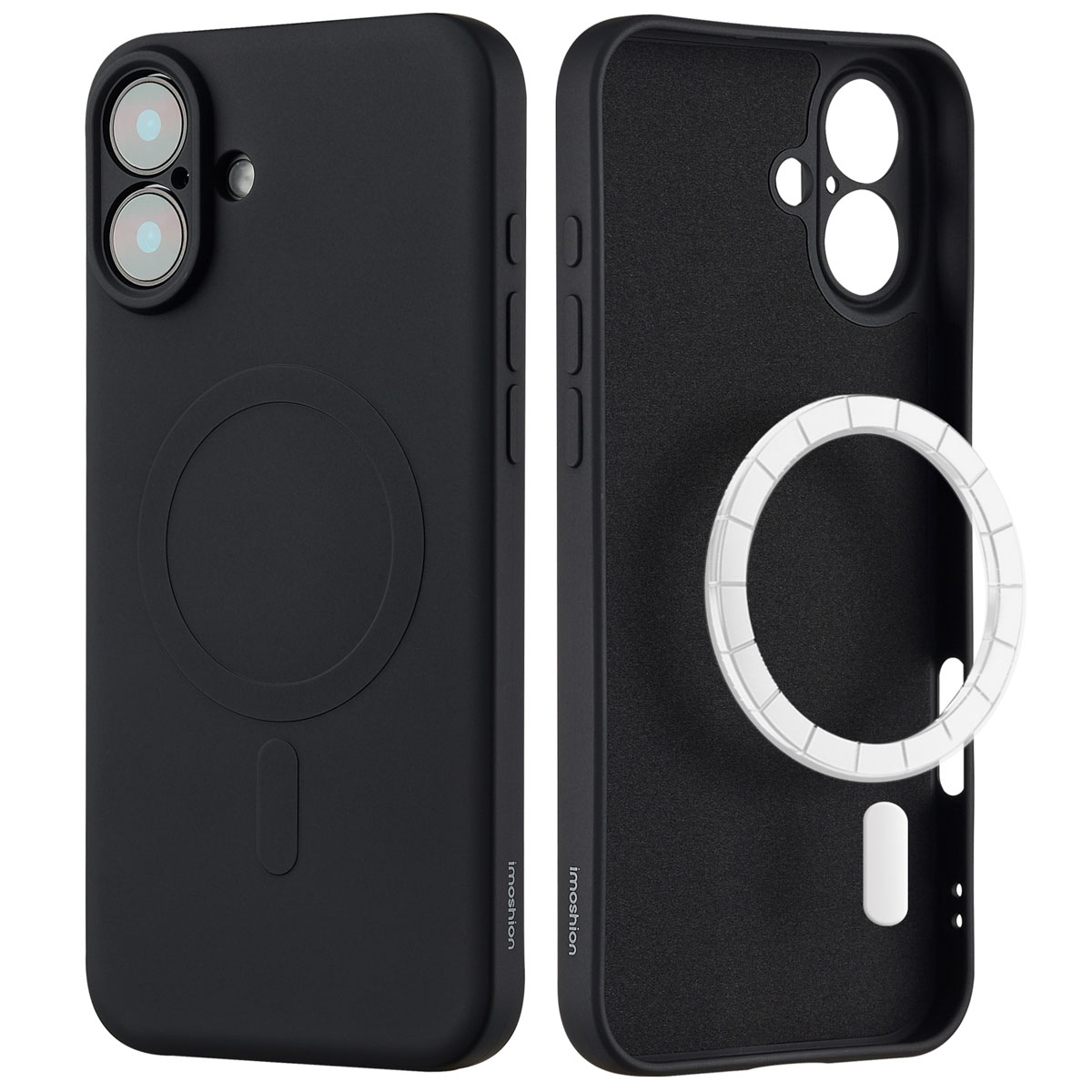 Deux coques de téléphone noires. L'une a un cercle au dos. L'autre montre l'intérieur.