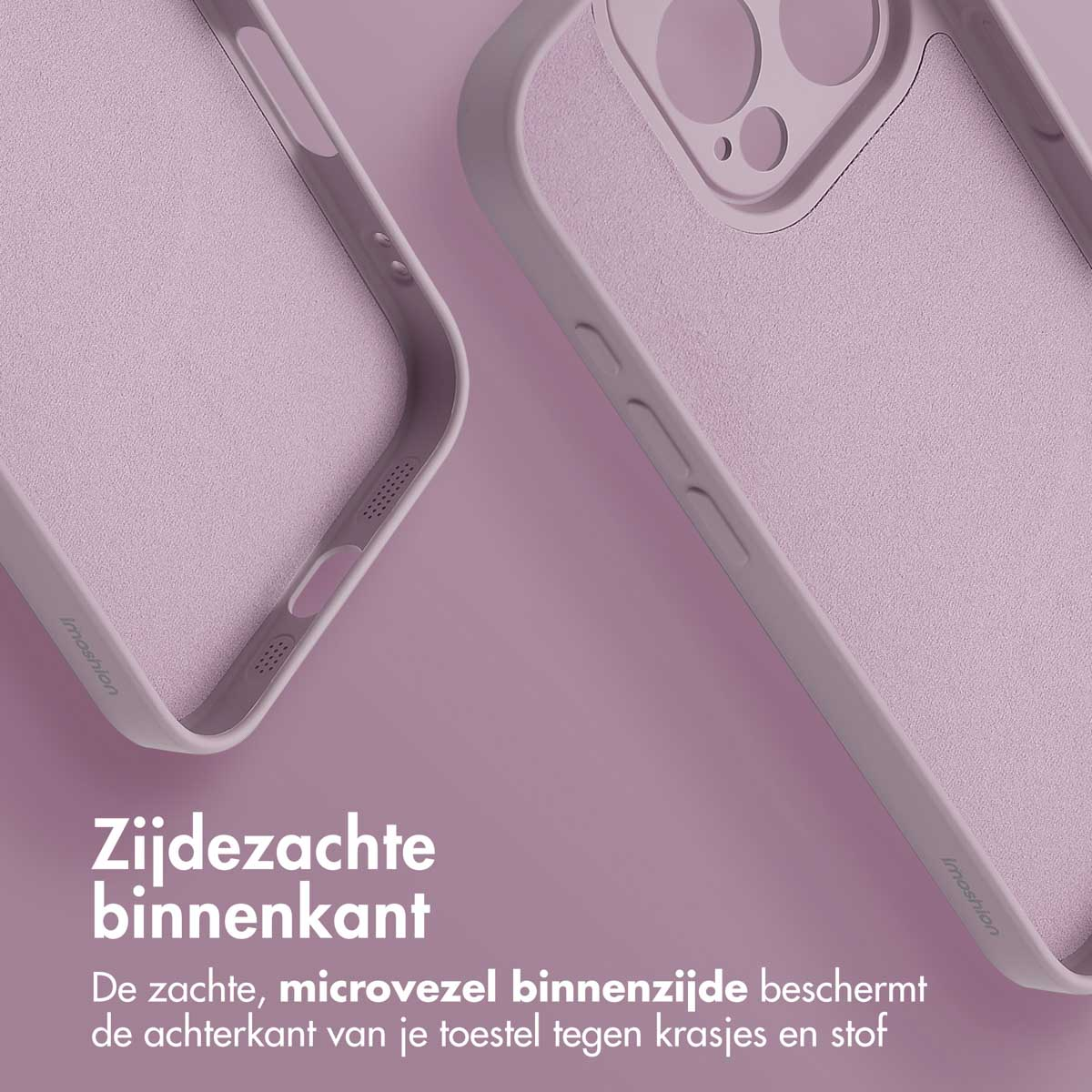 Close-up van twee telefoonhoesjes. Ze zijn lichtpaars en hebben een zachte binnenvoering.