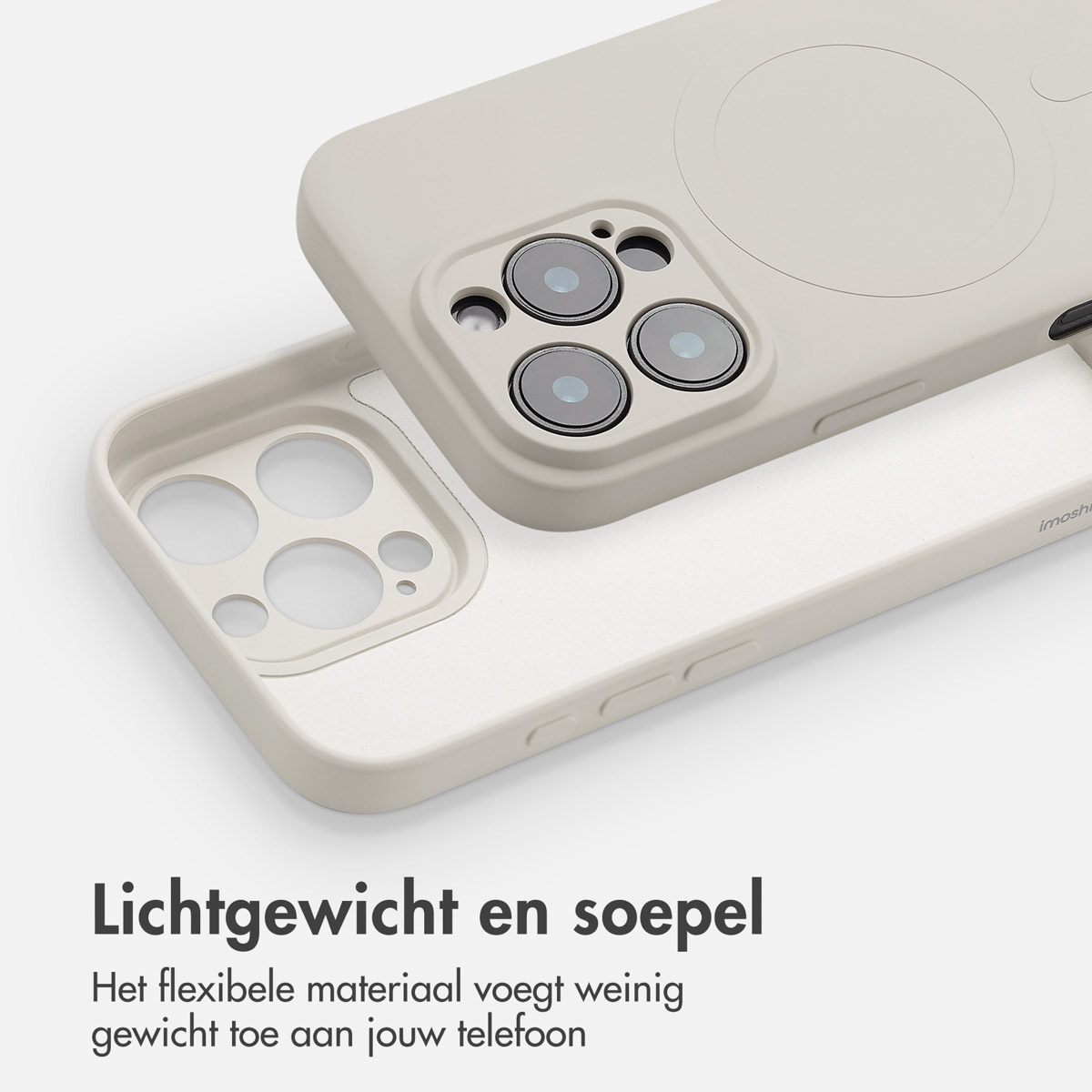 Telefoonhoesje met een MagSafe ring. Een telefoon zit erin. Er wordt Nederlandse tekst weergegeven.