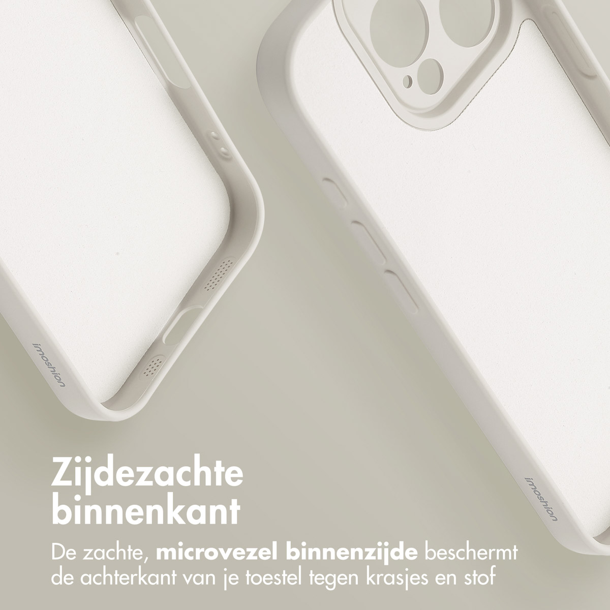 Twee witte telefoonhoesjes. Eén toont de binnenkant. Tekst: 'Zachte, microvezel binnenkant beschermt de achterkant'.