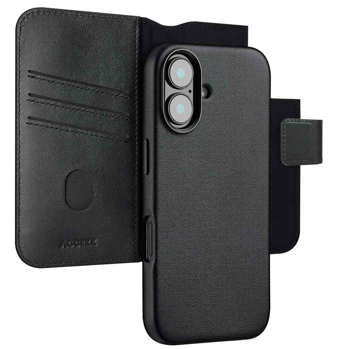 Coque de téléphone noire avec un design de portefeuille. Comprend des emplacements pour téléphone et cartes, tout en noir. Fond blanc.