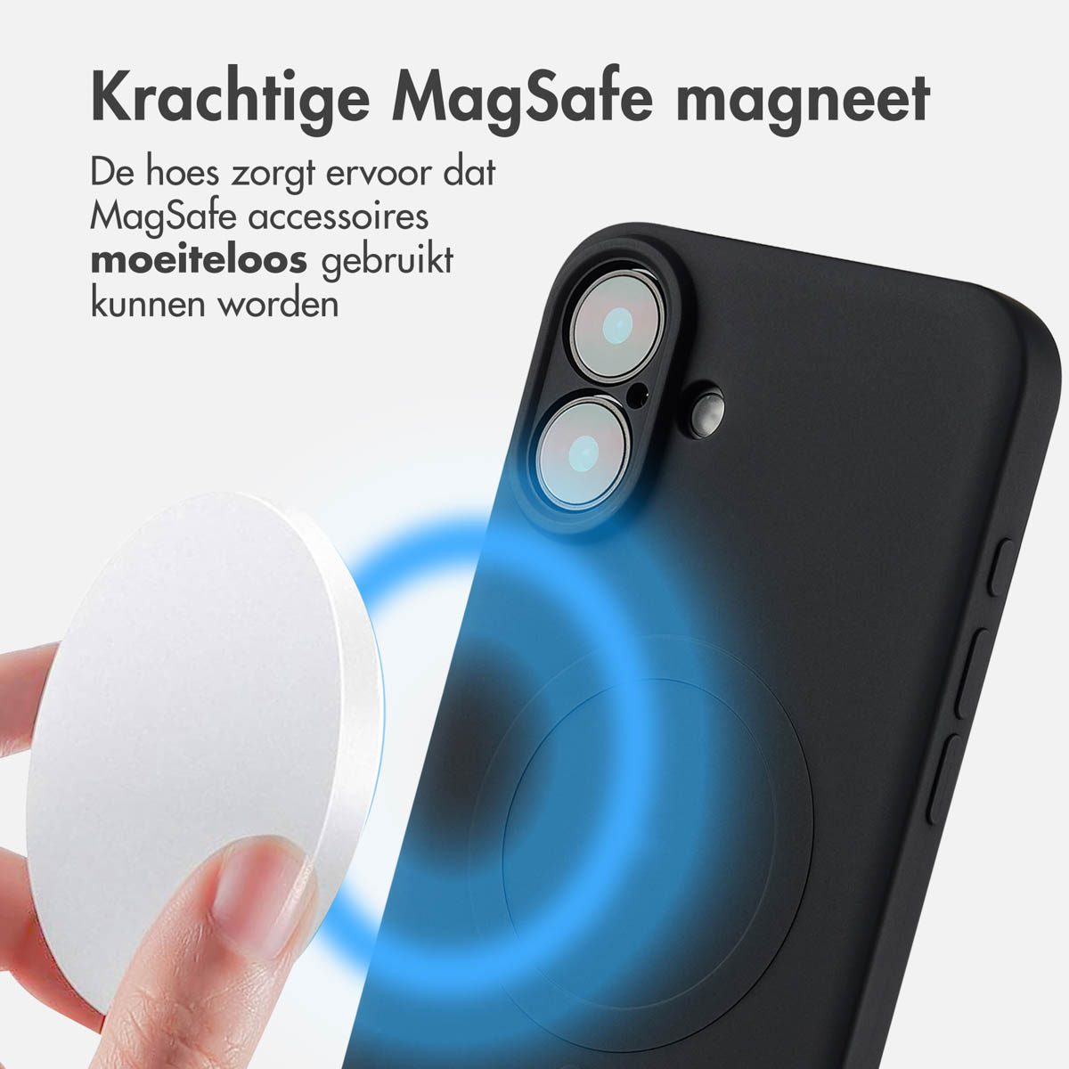 Gros plan d'un téléphone noir avec un chargeur MagSafe blanc, effet de lumière bleue.