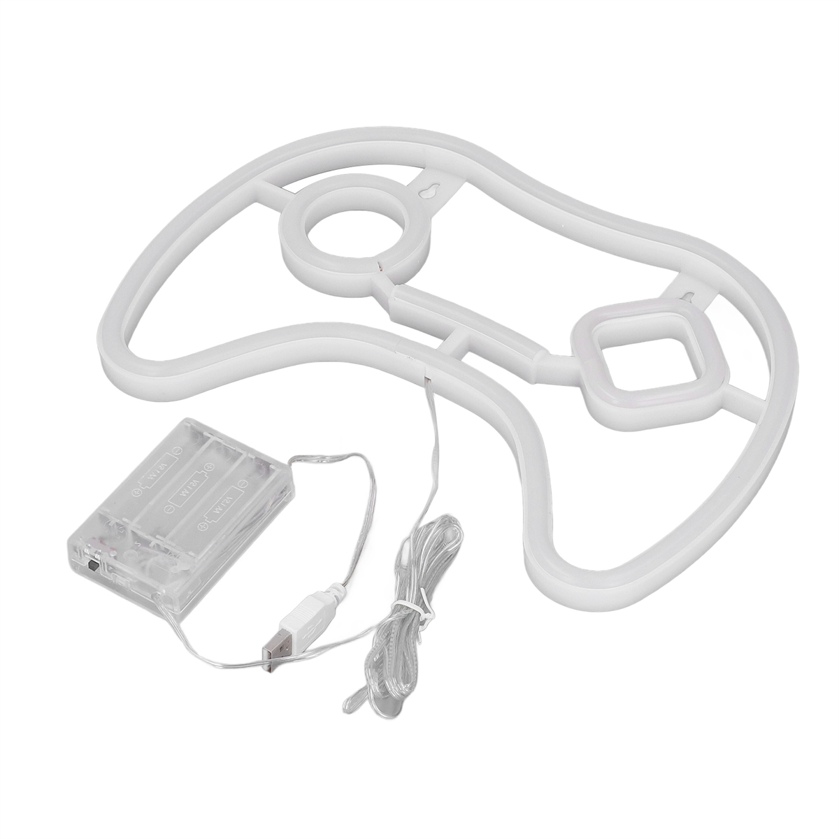Weiße LED-Leuchte in Form eines Gaming-Controllers mit Akku und USB-Kabel.