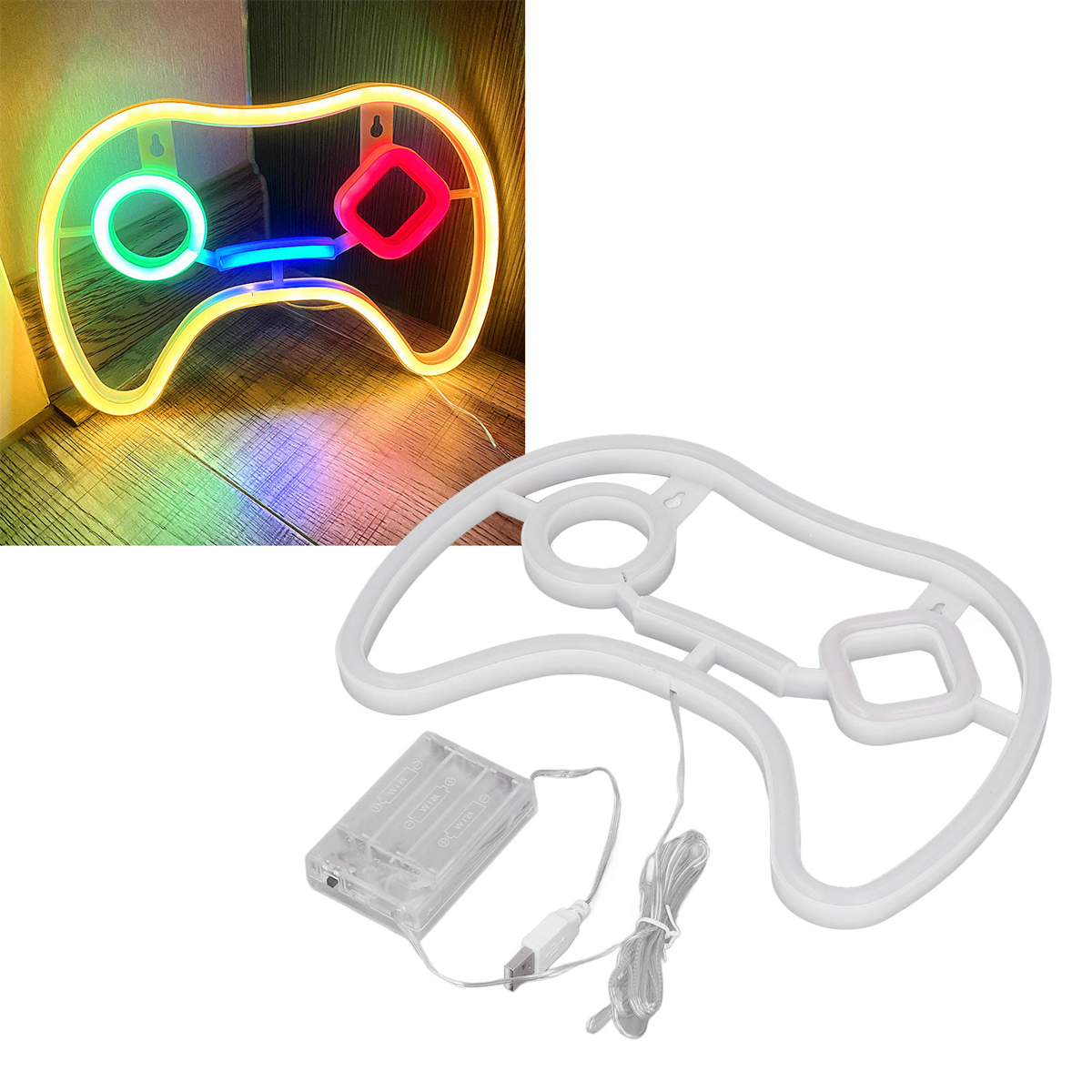 Eine Neon-Gamecontroller-Lampe leuchtet in verschiedenen Farben. Auch eine weiße Umrisse des Controllers ist vorhanden.