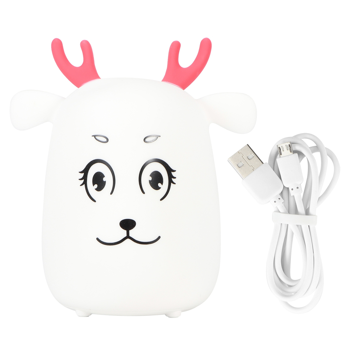 Ein weißes, hirschförmiges Nachtlicht mit rosa Geweih und einem USB-Kabel, auf weißem Hintergrund.