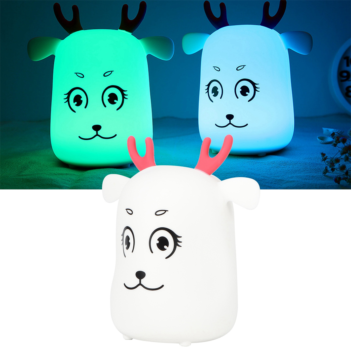 Hirschförmige Nachtlichter in drei Farben. Jedes hat ein Gesicht. Zwei sind beleuchtet, eins ist aus.