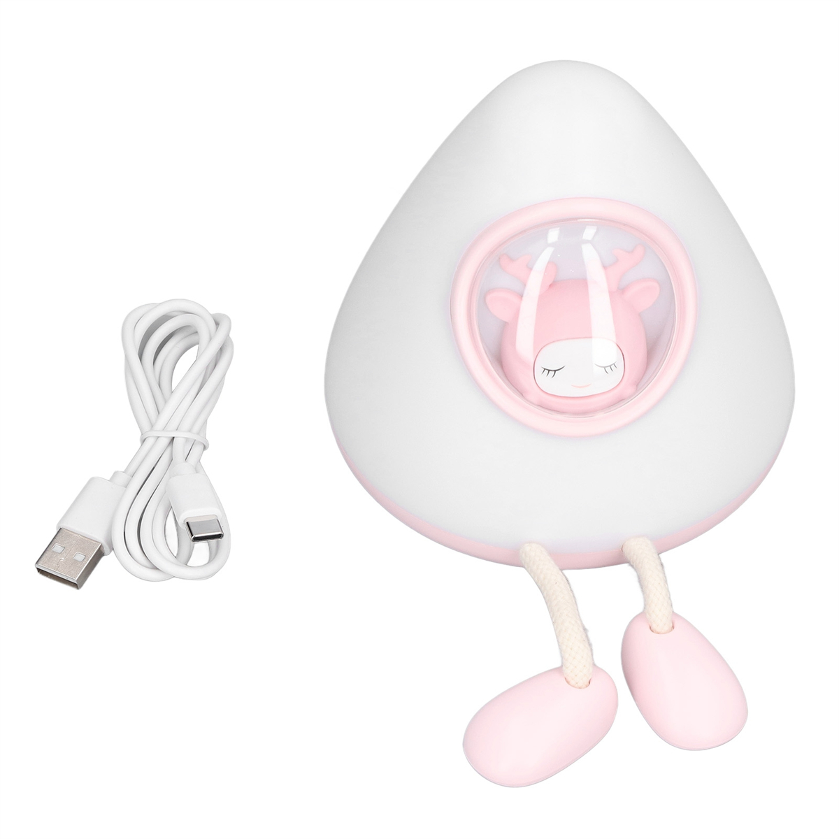 Weißes und rosa Nachtlicht in Eiform, USB-Kabel und Stecker links.