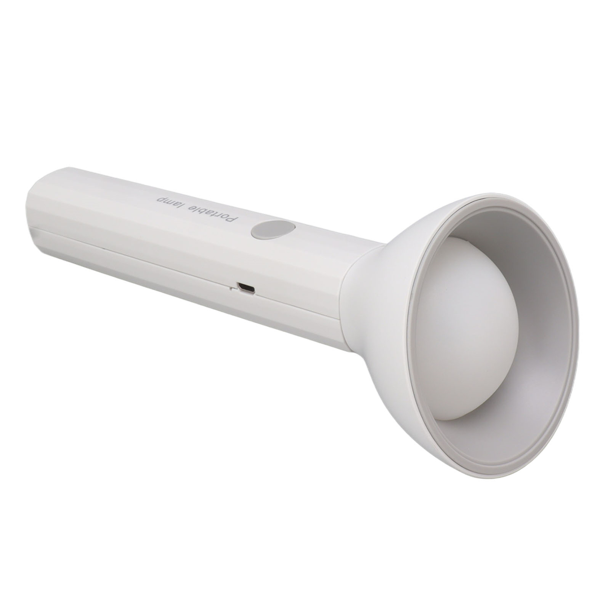 Weiße tragbare Lampe. Hat eine große, runde, lichtemittierende Oberfläche.