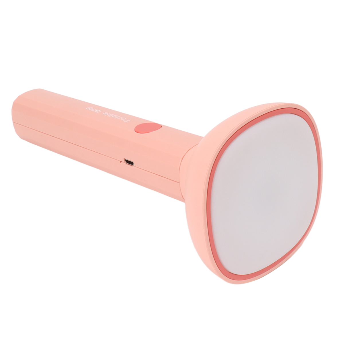 Rosa tragbare Lampe mit rundem weißen Licht. Hat einen Knopf und einen USB-C-Anschluss.