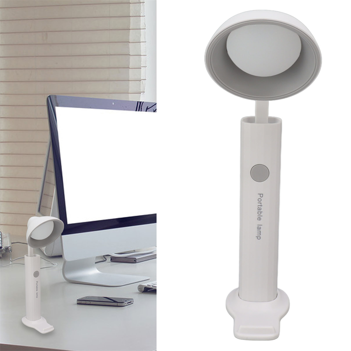 Eine weiße tragbare Lampe mit Licht auf einem Schreibtisch und einem Computer.
