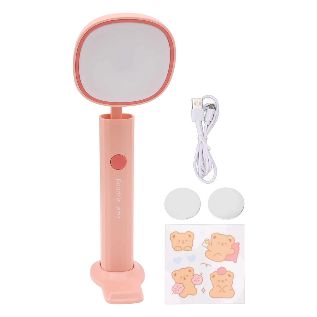 Eine pinke tragbare Lampe mit rundem Licht. Aufkleber und ein Ladekabel sind enthalten.