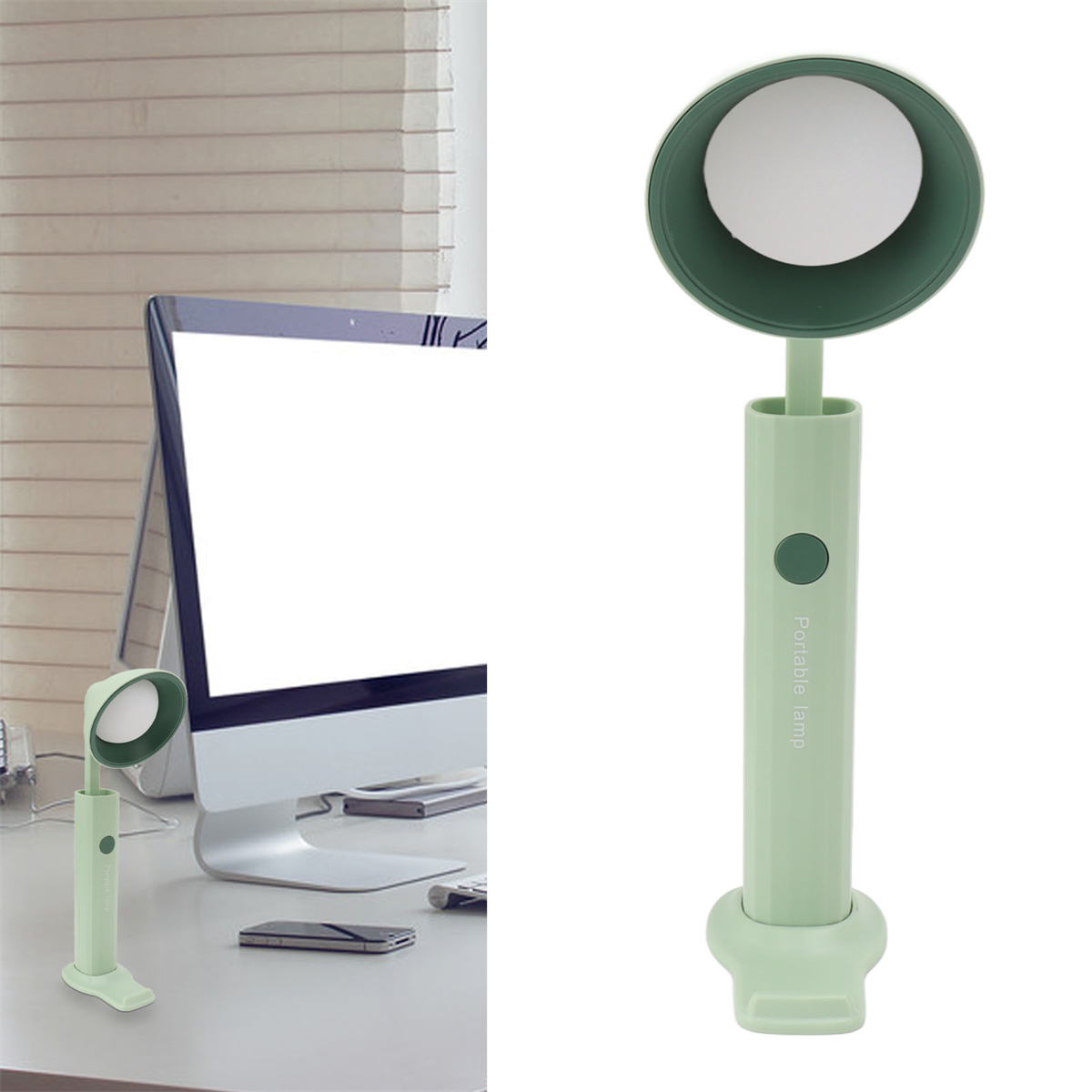 Grüne tragbare Lampe, mit rundem Licht, auf einem Schreibtisch. Eine andere Lampe links.