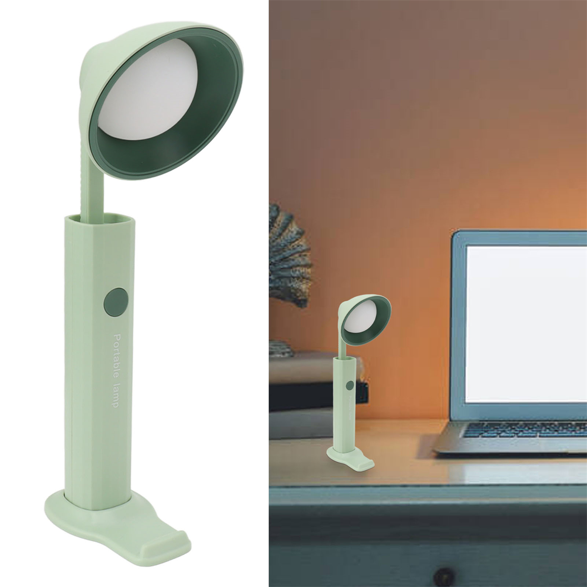 Eine grüne, tragbare Lampe mit weißem Licht auf einem Schreibtisch mit einem Laptop.