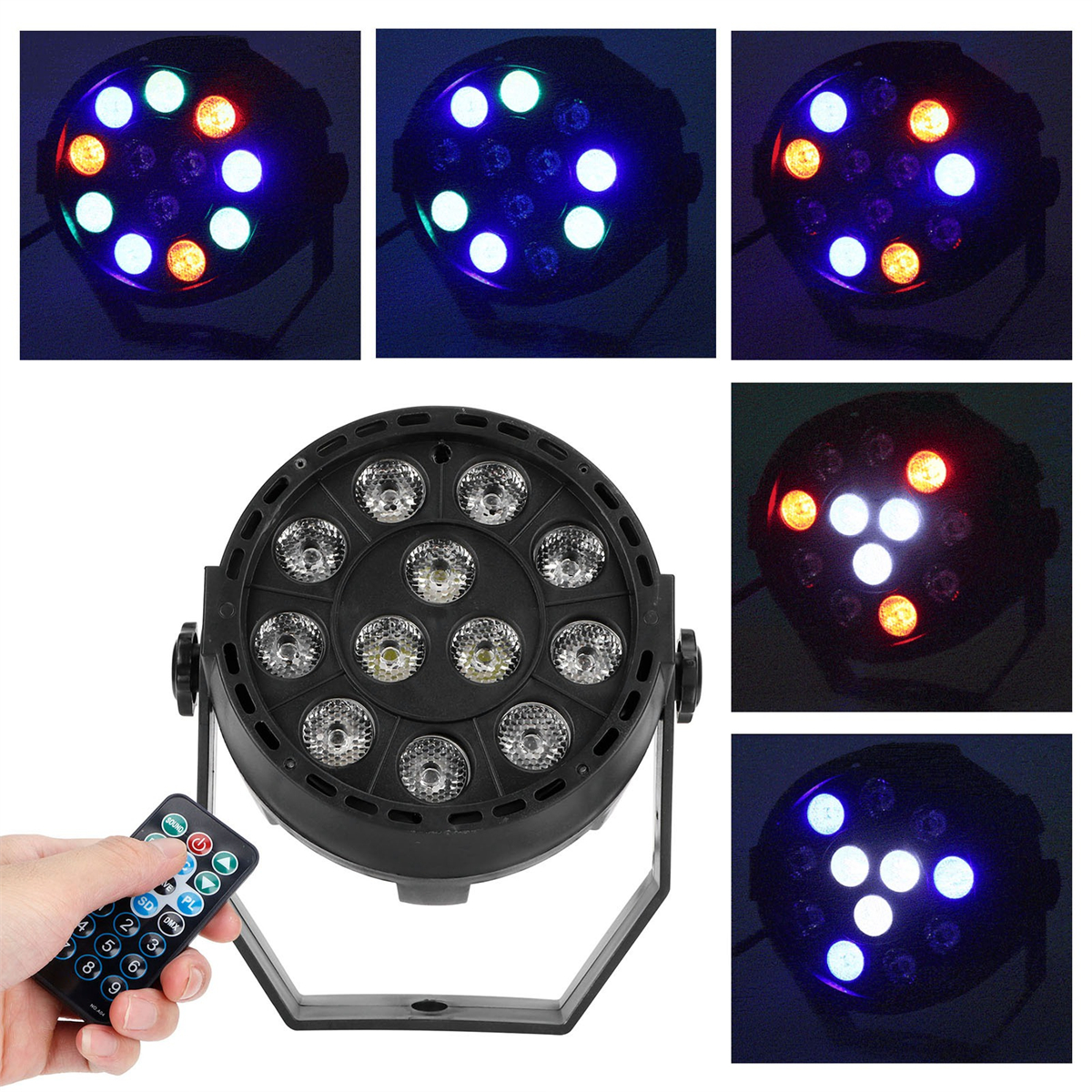Ein schwarzes Bühnenlicht mit mehreren farbigen Lichtern. Eine Fernbedienung wird im Vordergrund gehalten.