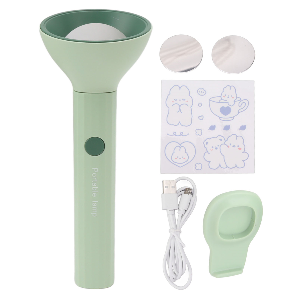 Eine grüne tragbare Lampe mit Aufklebern und einem Ladekabel. Sie hat ein kreisförmiges Licht.