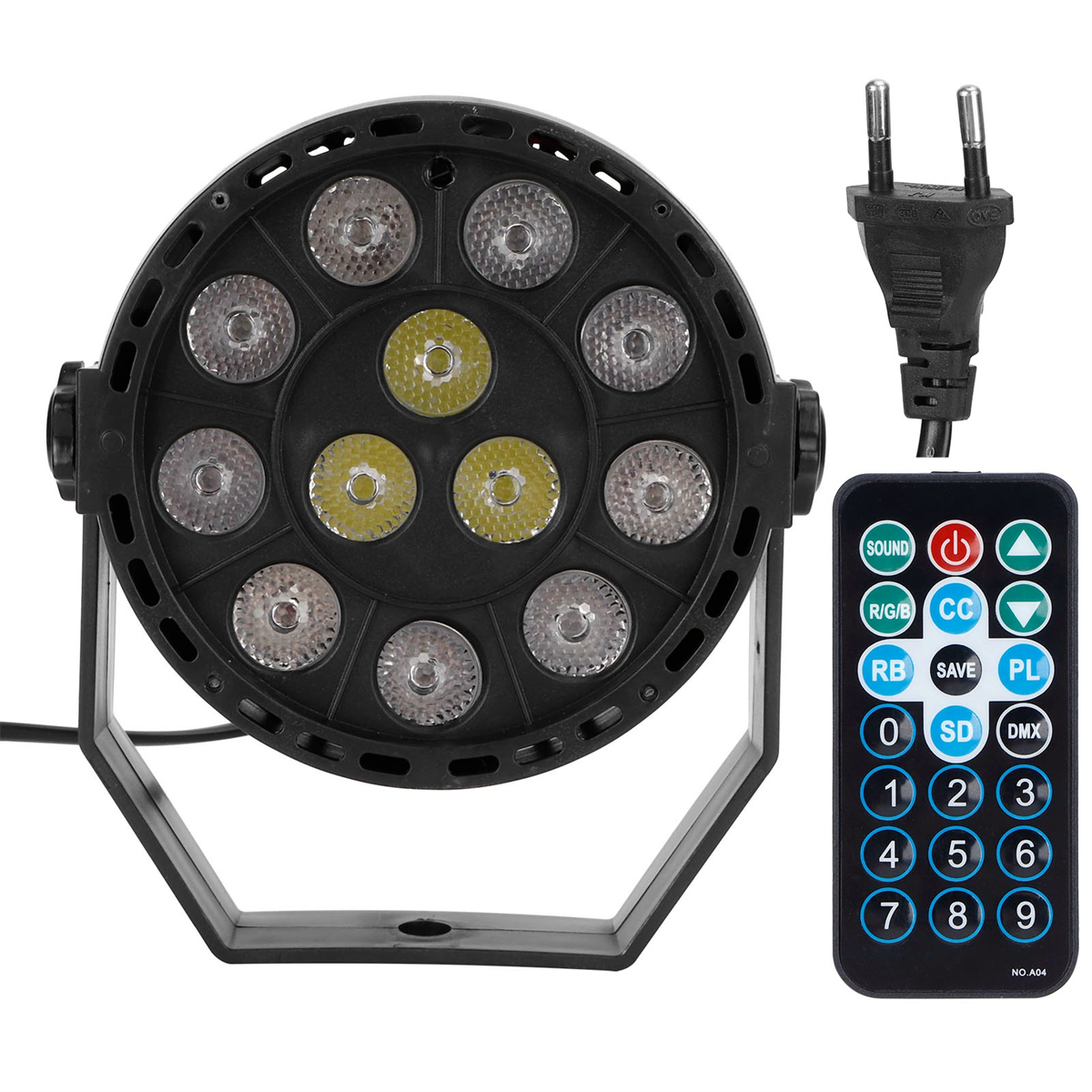 Schwarzes Bühnenlicht mit LEDs, Fernbedienung und Netzstecker.