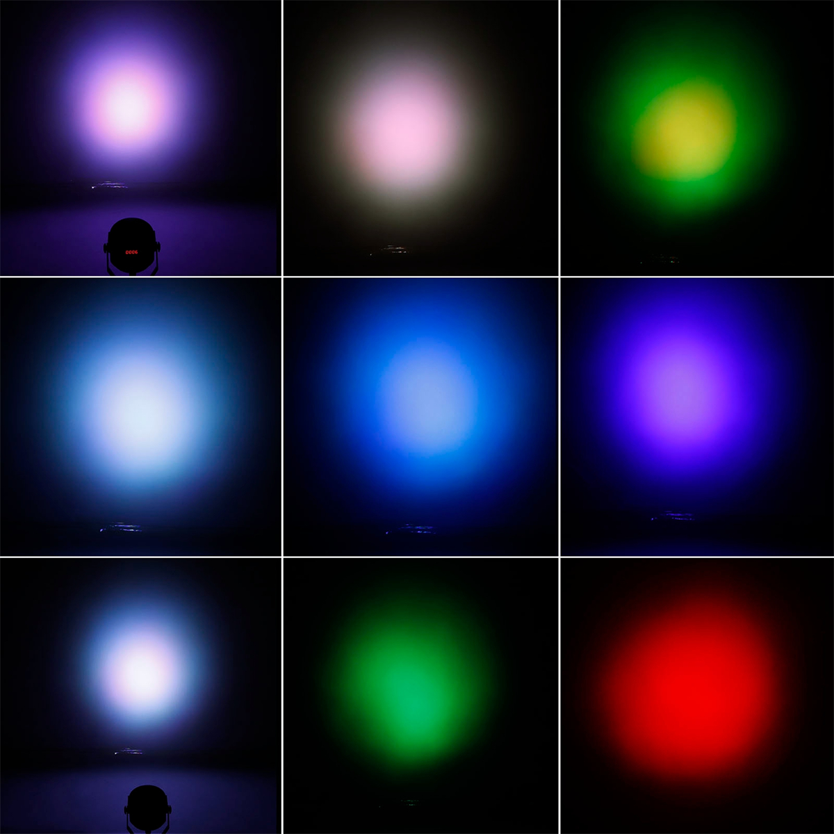 Neun farbige Lichtkreise in einem Raster, mit unterschiedlichen Farbtönen.