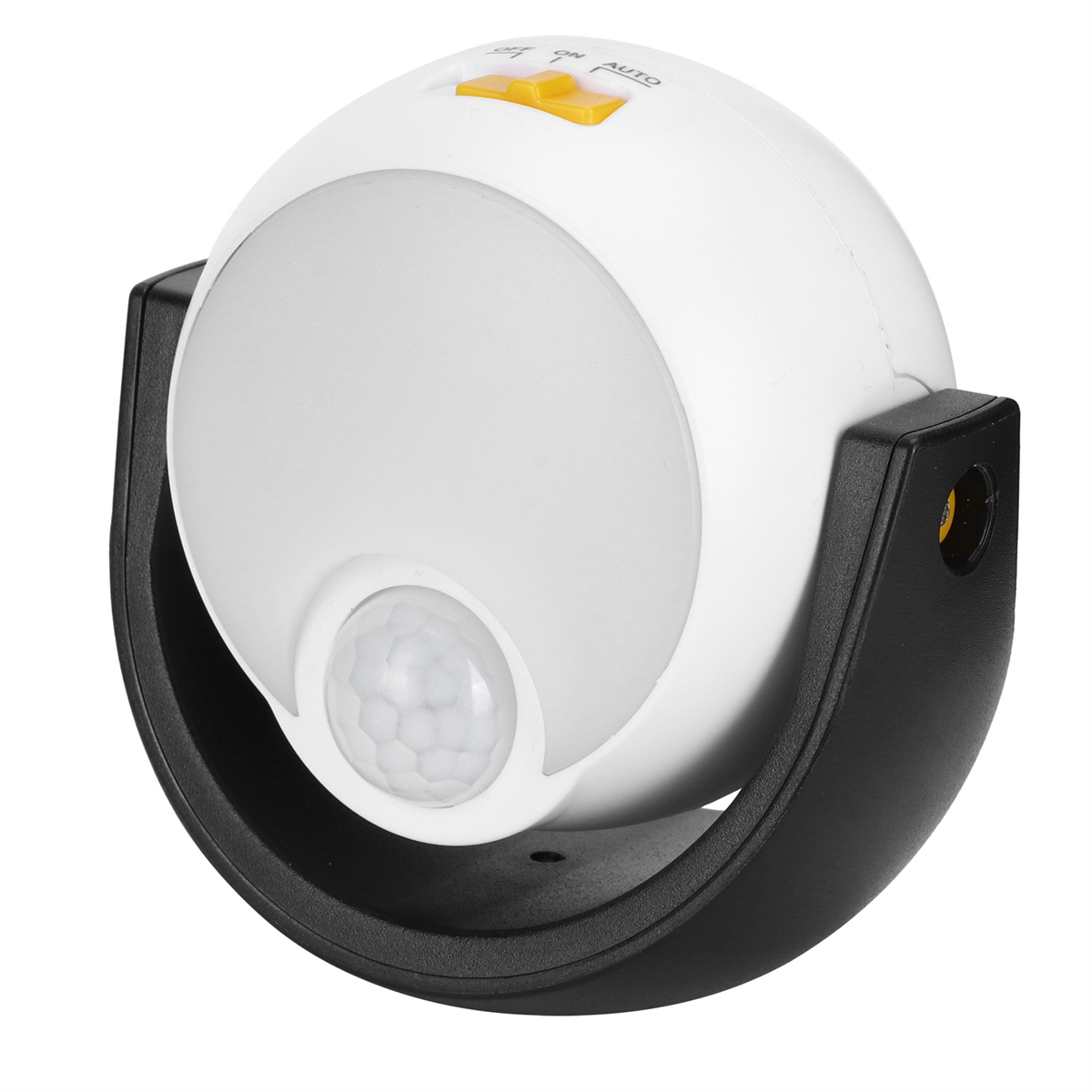 Ein weißes und schwarzes Bewegungssensorlicht. Es hat einen Sensor und einen Ein/Aus-Schalter.