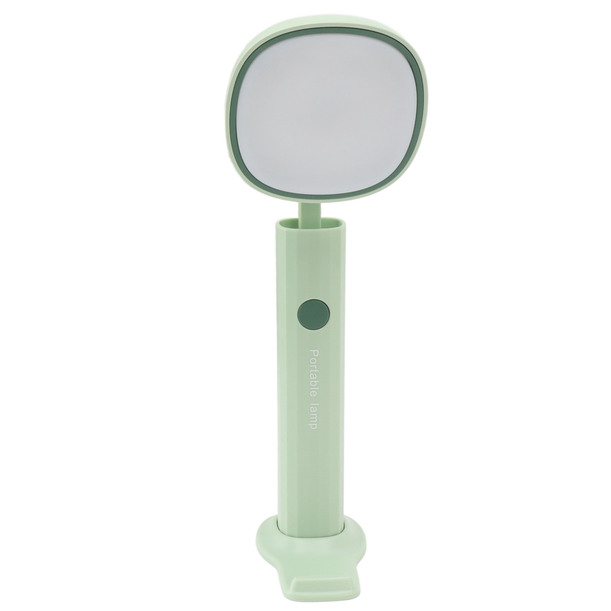 Eine mintgrüne tragbare Lampe mit Griff, Licht und Ständer mit der Aufschrift 'Portable lamp'.