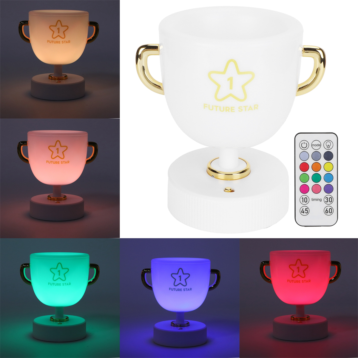 Trophäenförmige Lampe mit verschiedenen Farbeinstellungen. Fernbedienung auf weißem Hintergrund.