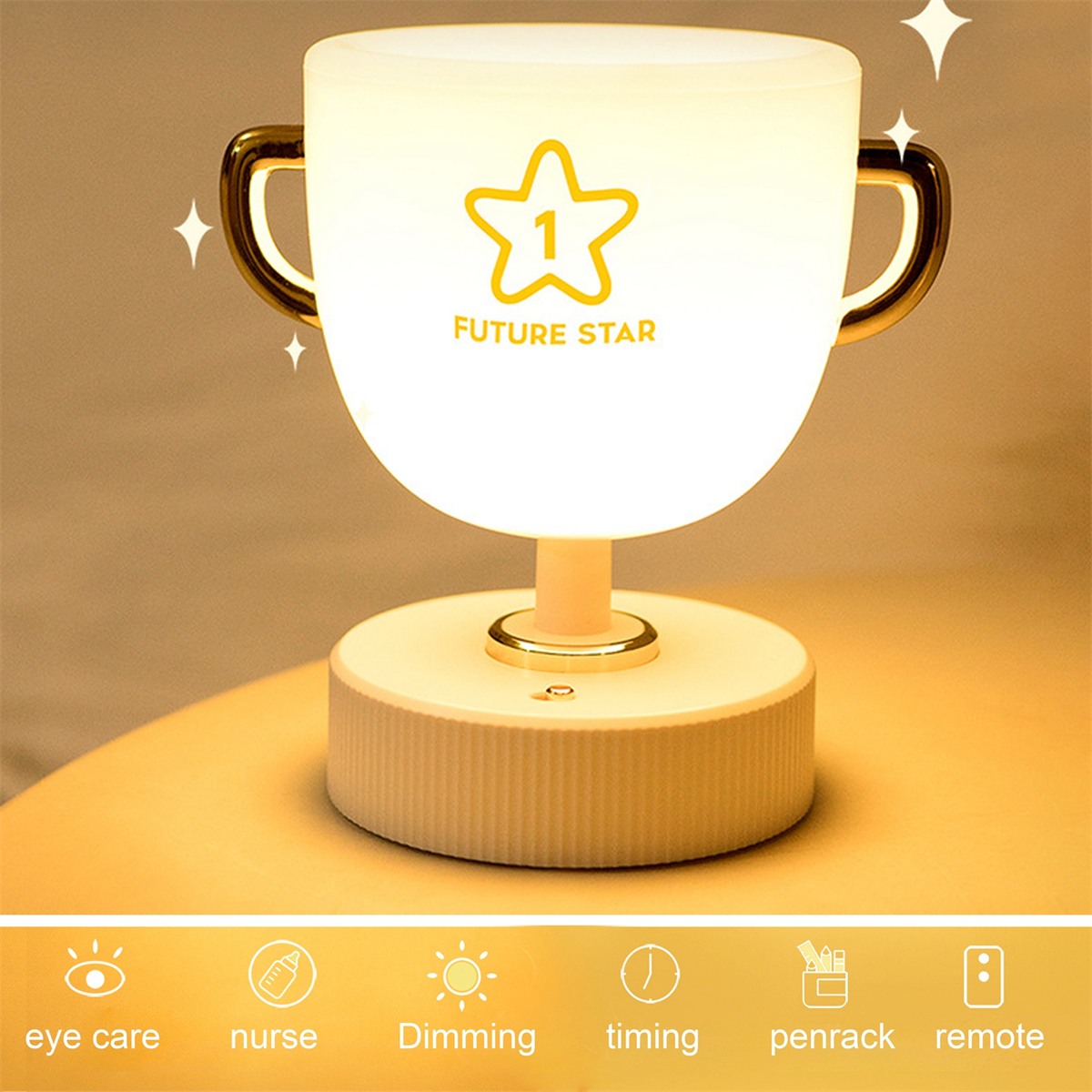 Trophäenförmige Lampe mit den Worten "FUTURE STAR" und einem Sternsymbol. Es hat einen beigen Sockel und goldene Akzente.