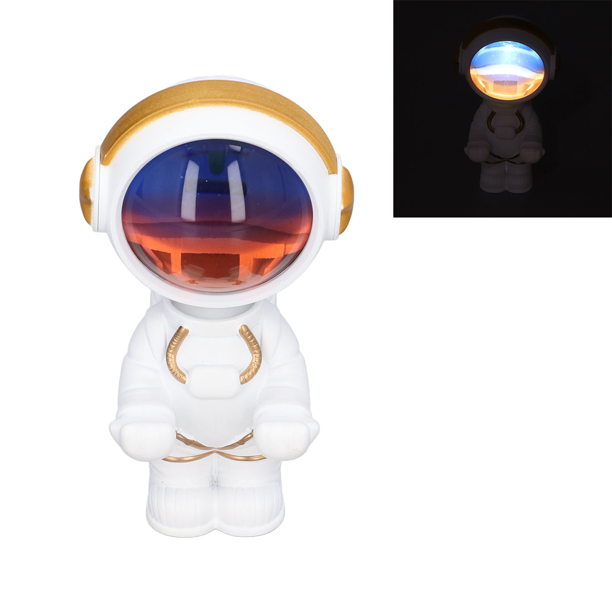 Eine weiße, astronautenförmige Lampe mit farbenfroher Planetenprojektion im Visier.