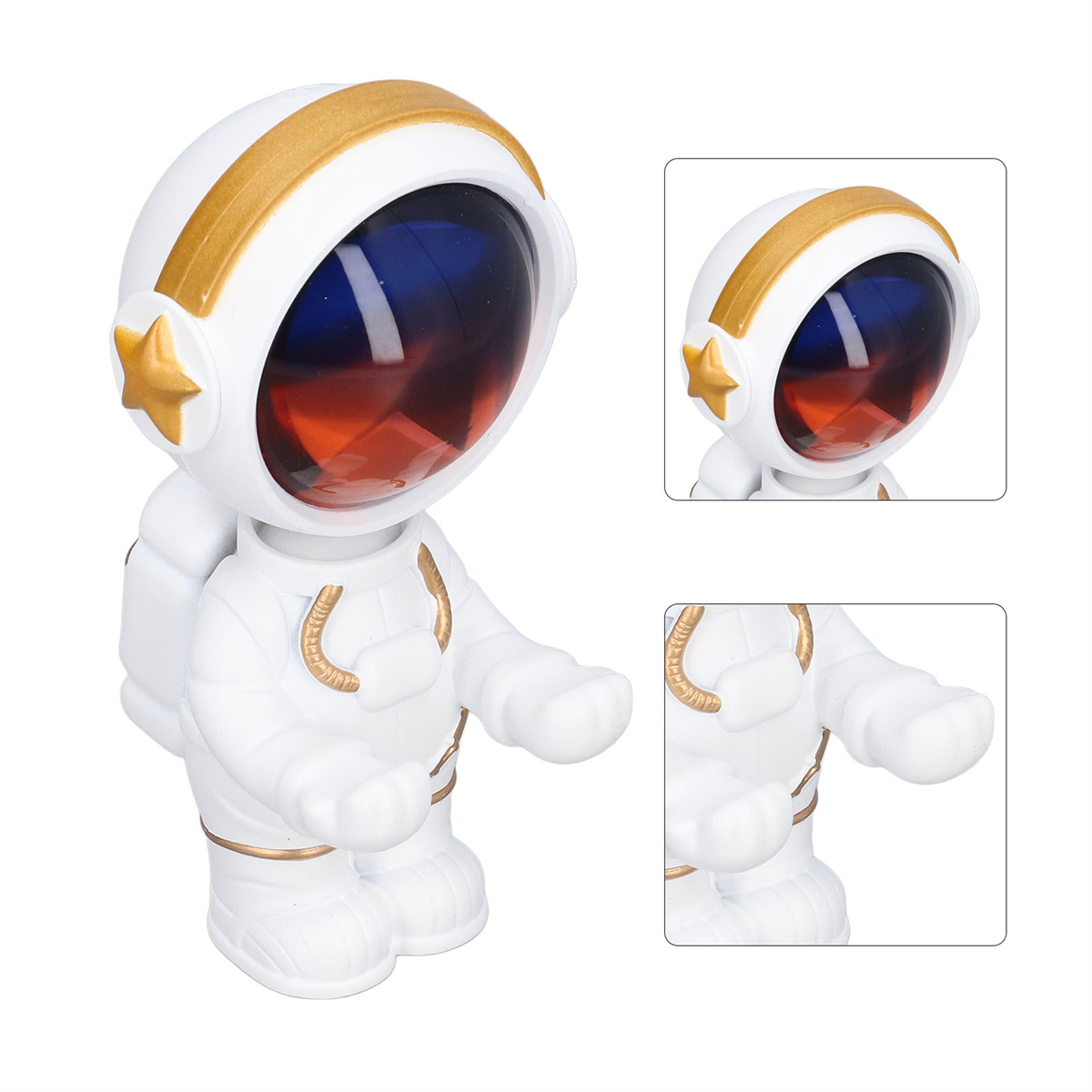 Weiße Astronautenfigur mit goldenen Akzenten. Detailaufnahmen zeigen Helm und Brust. Hintergrund ist weiß.