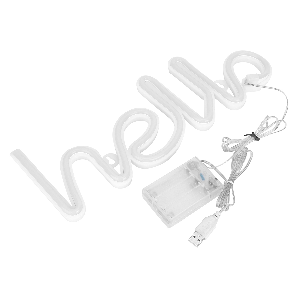Weißes Neonzeichen mit der Aufschrift 'hello', mit Akkupack und USB-Kabel. Auf weißem Untergrund.