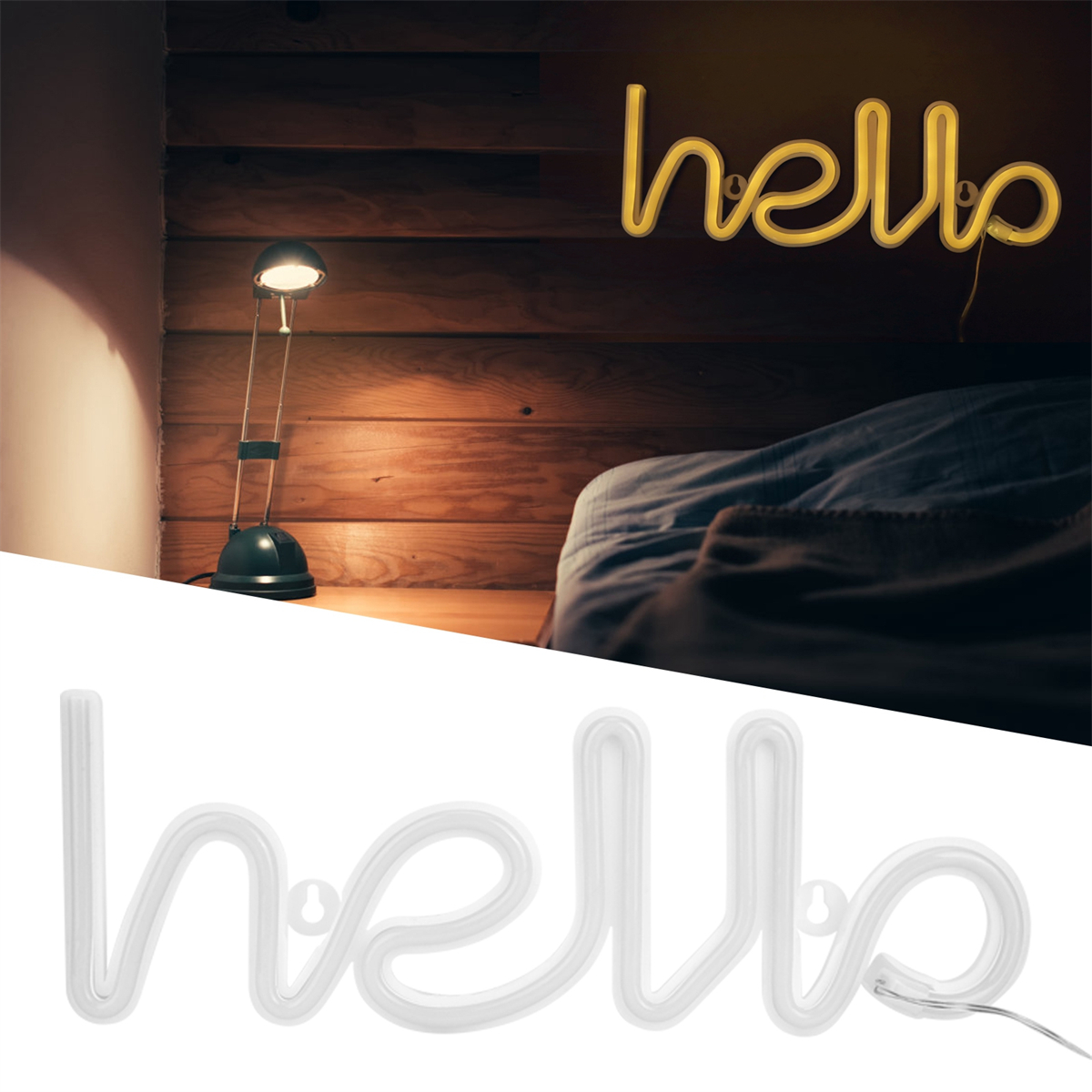 Ein Neon-Schild mit der Aufschrift 'hello' und eine schwarze Lampe. Im Hintergrund ein Bett.