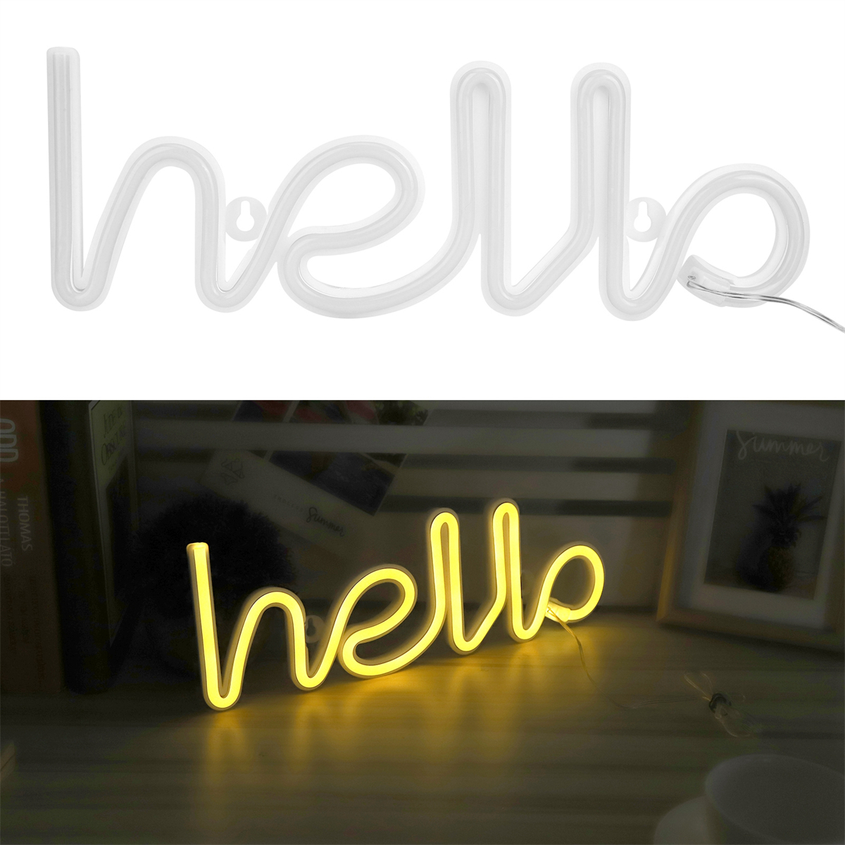 Zwei Bilder eines Neon- "Hallo"-Schildes; eines weiß und eines gelb. Das Schild ist kursiv.