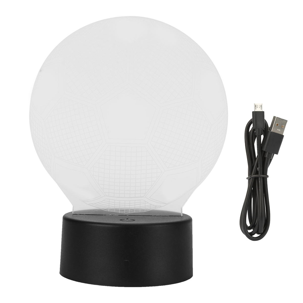 Fußballförmige 3D-Lampe auf schwarzem Sockel mit schwarzem USB-Kabel.