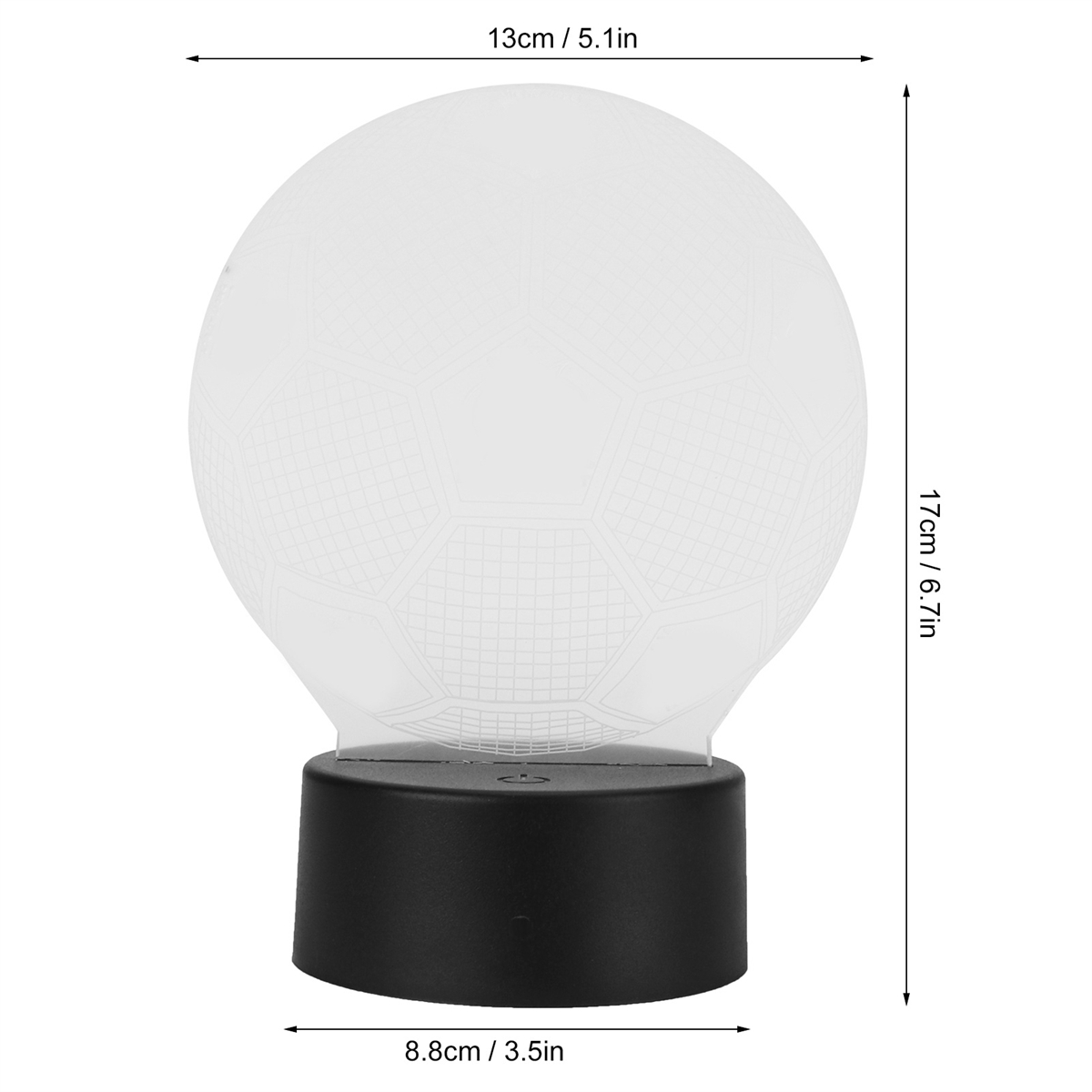 Eine fußballförmige Lampe, weiß mit schwarzem Sockel. Abmessungen sind angegeben.