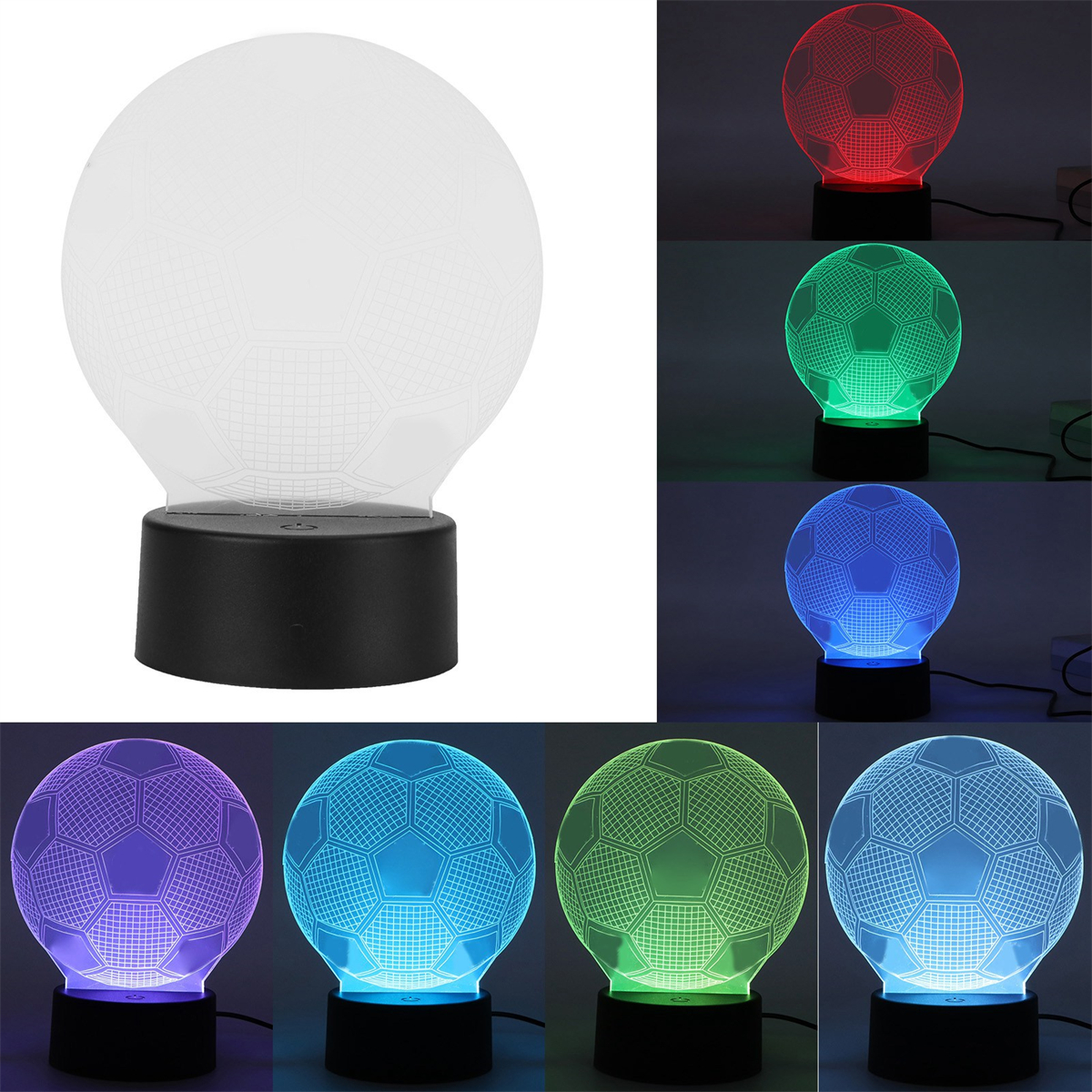 Fußballförmige Lampe mit mehreren Farben. Die Lampe steht auf einem schwarzen Sockel. Mehrere Farboptionen werden gezeigt.