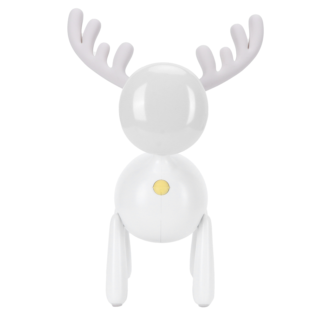 Eine weiße, hirschförmige Lampe mit einem gelben Knopf am Körper und weißen Geweih.