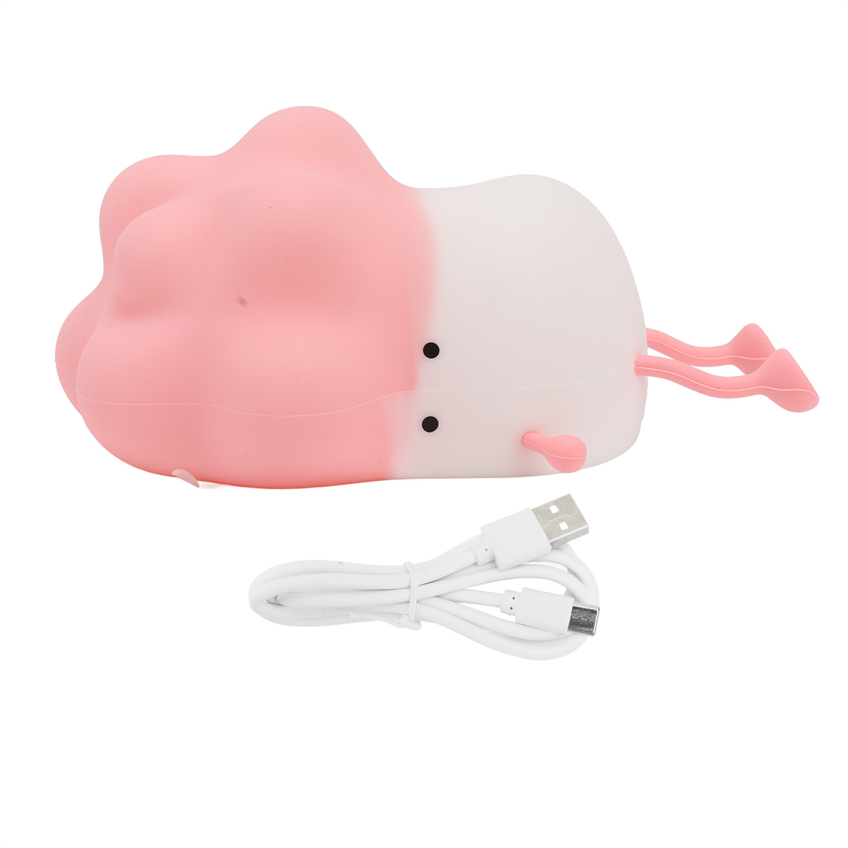 Eine rosa wolkenförmige Lampe mit USB-Kabel. Die Lampe hat ein zweifarbiges Design und kleine Beine.