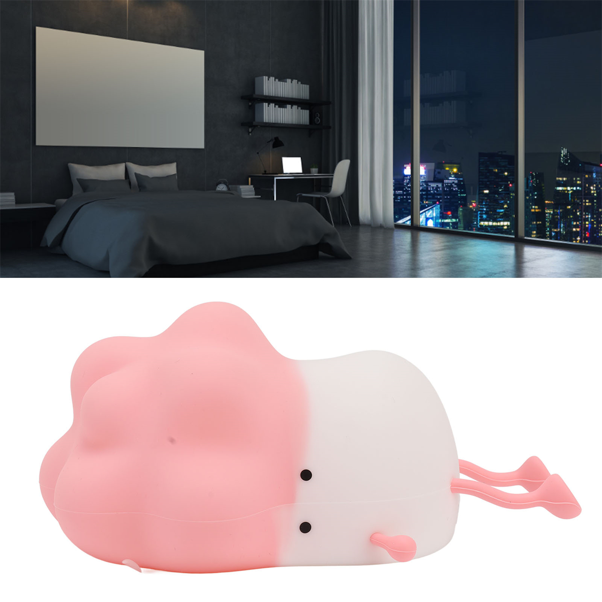 Ein Schlafzimmer mit Bett, Nachtlampe und Stadtlandschaft bei Nacht. Die Lampe ist rosa und weiß.