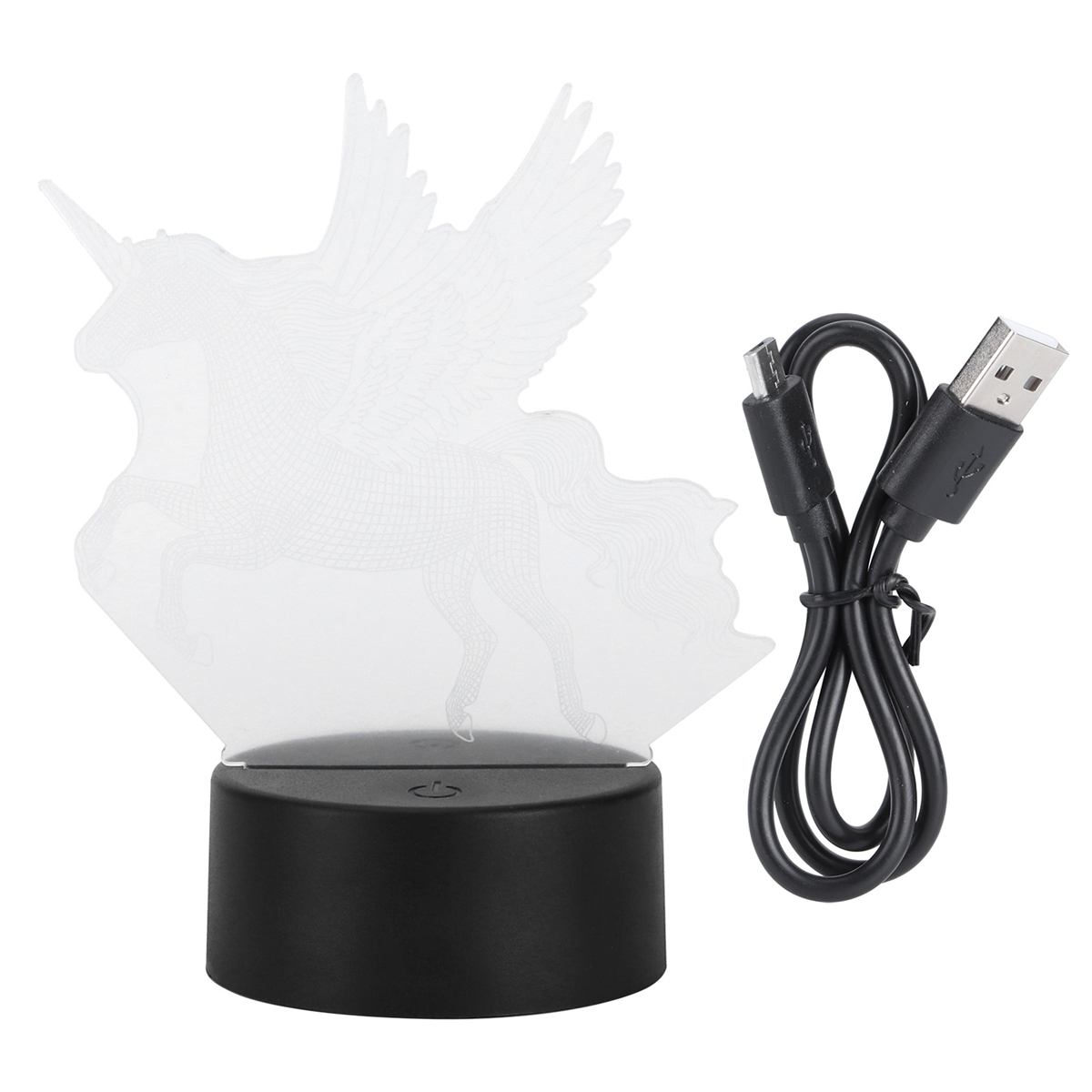 Einhornlampe mit Flügeln. Schwarzer Sockel, rechts ein schwarzes USB-Kabel.